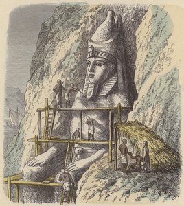 Tallando una estatua de un faraón egipcio antiguo en una roca de German School