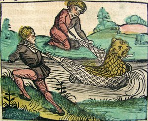 Capturando un monstruo pez león gato, publicado en la Crónica de Núremberg, 1493