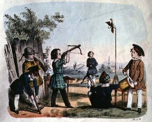 Niños disparando a un blanco con una arcabuz, c.1860 de German School