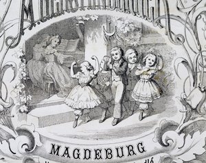 Escena de danza infantil, detalle de la portada de la colección de música y danzas para niños publicada en Magdeburg. Alemania