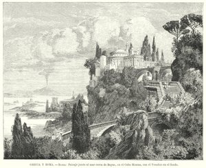 Línea costera de la Bahía de Nápoles desde la antigua ciudad romana de Baiae, Cabo Miseno, con el Vesubio en la distancia de German School