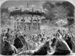 Concierto en el quiosco de música de los Campos Elíseos, grabado alemán c. 1861