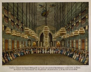 Concierto de la banda real en el auditorio de la Ópera de Dresde en honor de la pareja imperial, 1812 (litografía a color) de German School
