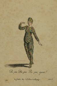 Diseño de vestuario para el papel de Papageno en la ópera La Flauta Mágica de Wolfgang Amadeus Mozart, publicada en Leipzig por I. B. Klein, 1793 de German School