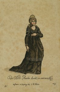 Diseño de vestuario para el papel de la Reina de la Noche en la ópera La Flauta Mágica de Wolfgang Amadeus Mozart, publicada en Leipzig por I. B. Klein, 1793 de German School