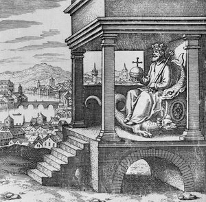 Rey coronado en el trono del Musaeum Hermeticum de German School