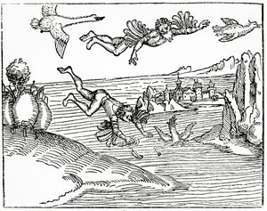 Dédalo, escapando de Creta con su hijo Ícaro, lo ve caer hacia su muerte, 1493