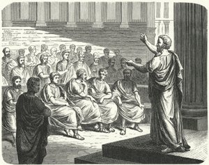 Demóstenes hablando contra Felipe II de Macedonia