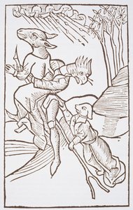 Partida para el Sabbath, copia de una ilustración de Von den Unholden oder Hexen por Ulrich Molior, Constanza 1489, usado en una Historia de la Magia, publicado a finales del siglo XIX de German School