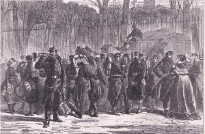 Salida del Décimo Regimiento de la Guardia Nacional a puestos avanzados, Historia de la guerra entre Francia y Alemania de Cassell, publicada por Cassell and Company Limited, c.1890 de German School