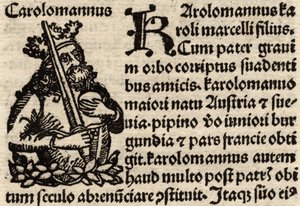 (detalle) de una hoja incunable original, representando a Carlomagno, antes de 1500 de German School