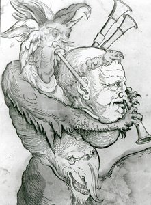 Diablo tocando la cabeza de un hombre como gaita, 1144 (xilografía) de German School