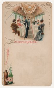 Coche comedor en un tren, anuncio de agua de mesa Ueberkinger Sprudel