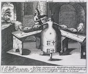 Destilación de ácido nítrico (Aqua fortis o ácido de separación) en un hombre de hierro con dos narices de German School