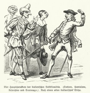 Dottore, Pantalone, Arlecchino y Scaramuccia, cuatro personajes de la Commedia dell