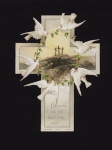 Palomas llevando una corona sobre las tres cruces en la cima del Calvario, tarjeta de felicitación cristiana de German School
