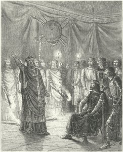Edmundo Rich, arzobispo de Canterbury, amenazando al rey Enrique III con la excomunión de German School