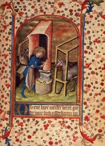 Egerton 859 fol.17 San Eligio (588-660) herrando un caballo, de 