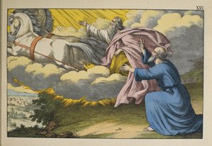 Elías asciende al Cielo en un torbellino dejando a su discípulo Eliseo para continuar su obra, ilustración de L