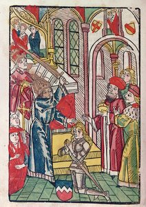 El emperador Segismundo (1367-1437) de Luxemburgo nombrando caballero de German School