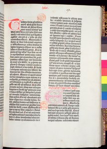 Fin del Pentateuco y comienzo del Libro de Josué, de la Biblia de Gutenberg, impresa por Johannes Gutenberg (c.1400-68) y Peter Schoeffer (1425-1502) en Maguncia, 1454-56