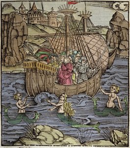 Eneida de Virgilio (70 a.C.-19 a.C.), los héroes troyanos Eneas y sus compañeros cruzan un mar lleno de sirenas. Xilografía de Sebastian Brant (1458-1521). Estrasburgo