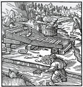 Grabado de De re metallica (Sobre la naturaleza de los metales), por Georg Pawer o Georgius Agricola de German School