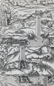 Grabado de De re metallica (Sobre la naturaleza de los metales), por Georg Pawer o Georgius Agricola, publicado en Basilea de German School