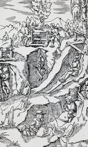 Grabado de De re metallica (Sobre la naturaleza de los metales), por Georg Pawer o Georgius Agricola (1494-1555), publicado en Basilea de German School