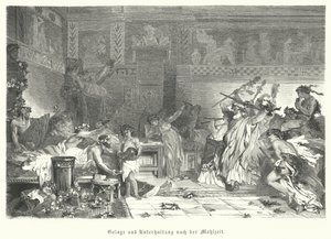 Entretenimiento después de la comida en un banquete romano (grabado)