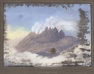 Erupción en el Volcán Merapi con una vista del extremo este del cráter, noviembre de 1836, pl.VI de Topographischer und naturwissenschaftlicher Atlas zur Reise durch Java, por Dr. Fr. Junghuhn, Magdeburgo de German School
