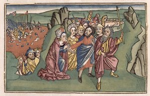 Éxodo 14 Moisés y los israelitas cruzando el Mar Rojo, de la Biblia de Núremberg (Biblia Sacra Germanaica) de German School