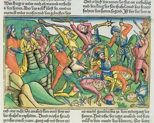Éxodo 17:8-15 Aarón y Hur sostienen las manos de Moisés para asegurar la victoria de los israelitas sobre los amalecitas, de la Biblia de Núremberg (Biblia Sacra Germanaica)