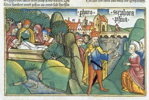 Éxodo 18 1 15-22 El entierro de José y la historia de las parteras hebreas, de la "Biblia de Nuremberg (Biblia Sacra Germanaica)" (xilografía coloreada) de German School