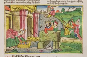 Éxodo 2:1-6 Moisés siendo flotado por el Nilo y descubierto por una de las esposas del Faraón, de la Biblia de Núremberg (Biblia Sacra Germanaica) de German School