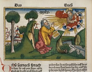 Éxodo 34:1-10 Moisés recibe las segundas tablas con los Diez Mandamientos, de la Biblia de Núremberg (Biblia Sacra Germanaica) de German School