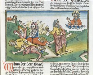 Éxodo 9:8-12 Las siete plagas de Egipto: Moisés y la plaga de úlceras, de la Biblia de Núremberg (Biblia Sacra Germanaica) de German School
