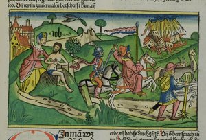 Copia facsímil de Job: Frontispicio, Job siendo reprendido por su esposa, su casa y familia destruidas por un huracán y su ganado robado, de la Biblia de Núremberg (Biblia Sacra Germanaica) de German School