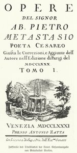 Facsímil de la portada de una edición veneciana de las obras completas del poeta y libretista italiano Pietro Metastasio de German School