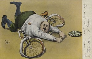 Hombre gordo, caído de su bicicleta de German School
