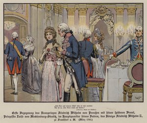 Primer encuentro del Príncipe Heredero Federico Guillermo de Prusia y su futura esposa, la Princesa Luisa de Mecklemburgo-Strelitz en el cuartel general de su padre, el Rey Federico Guillermo II, en Frankfurt de German School