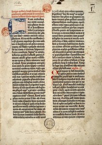Primera página de la Biblia en latín (vulgata) de Gutenberg preparada en Maguncia 1452 - 1454. El comienzo de la epístola de San Jerónimo al sacerdote Paulino tratando de todos los libros de la Sagrada Escritura.