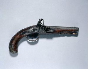 Pistola de chispa, fabricante de barriles Johann Andreas Kuchenreuter (1716-1795), c.1750 (acero, culata de nogal, monturas de latón, barril incrustado con oro, latón y plata)