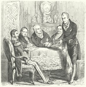 Federico Guillermo III de Prusia en discusiones con su Primer Ministro, Karl August von Hardenberg y Klemens von Metternich, el Ministro de Relaciones Exteriores de Austria (grabado) de German School