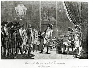 Federico el Grande recibe a su cuñado, Federico, Margrave de Brandeburgo-Bayreuth como masón en Berlín en 1740