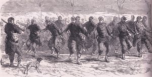 Soldados franceses bailando en el campamento, de la Historia de la Guerra entre Francia y Alemania de Cassell, publicada por Cassell and Company Limited, c.1890