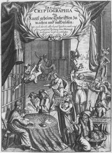 Frontispicio, ilustración de Cryptographia, oder geheime Schrifften de Johann Balthasar Friderici, grabado por Johan Friedlein (siglo XVII) publicado en Hamburgo, 1685 de German School