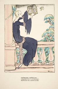 "Frühling, Frühling", anuncio de vestido de té de V. Manheimer, de Styl, pub.1922 (impresión en pochoir).
