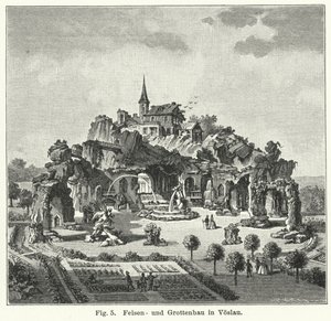 Diseño de jardines: montaña de gruta en el jardín del Conde Johann von Fries, Voslau, Austria (grabado) de German School