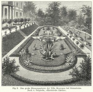 Diseño de jardín: gran parterre en Monrepos, finca del banquero y astrónomo aficionado Heinrich Eduard von Lade, Geisenheim, Alemania (grabado) de German School